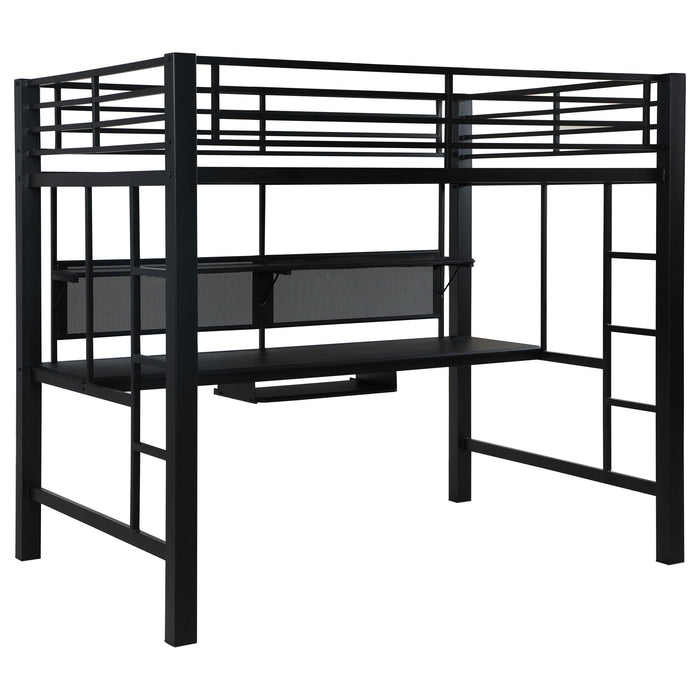 Ranier - Full Workstation Loft Bed, Full Length Desk, Safety Rails And Storage Shelves - Black