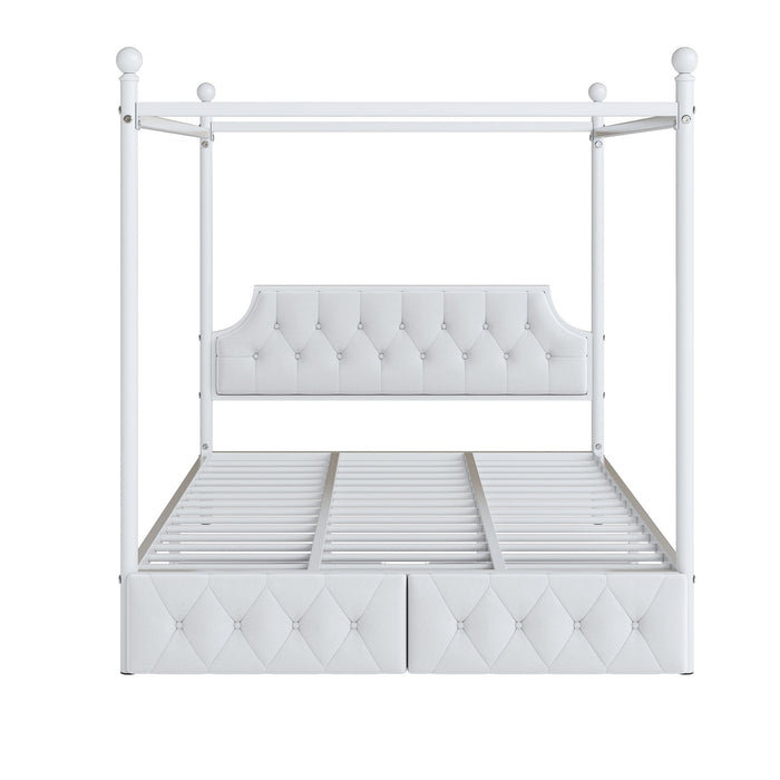 Canopy Platform Bed With Upholstered Headboard And 2 Storage Drawers - White