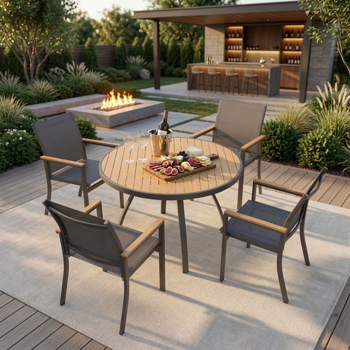 Gray Aluminum Patio Dining Set With Textilene Chairs, 5 Piece All Weather Round Table And 4 Seater For Garden, Deck, Or Porch
