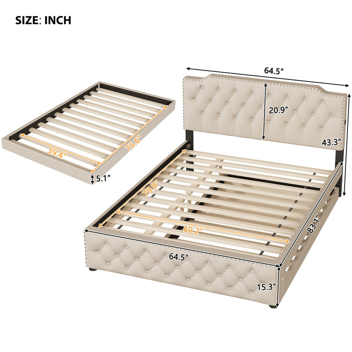 Upholstered Platform Bed With Trundle And 2 Sets Of USB Ports On Each Side, Linen Fabric