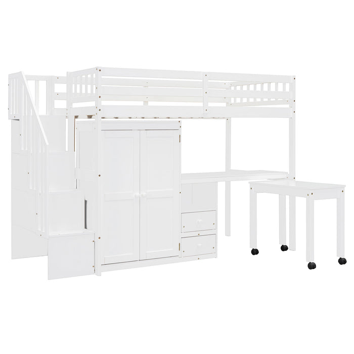 Loft Bed With Stairs, Bookshelf, Drawers, Desk & Wardrobe, Space Saving Multifunctional Furniture