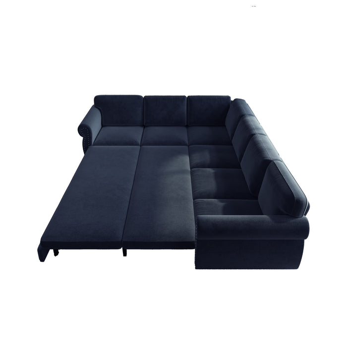 L-Shaped Sofa Couch With Pull Out Bed With Nailhead Trim & Rolled Arm