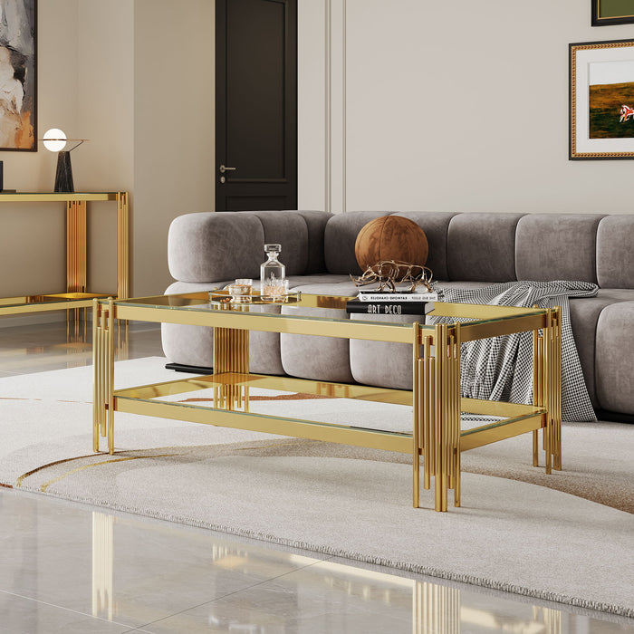Coffee Table With Double Tier, Rectangular Design - Gold