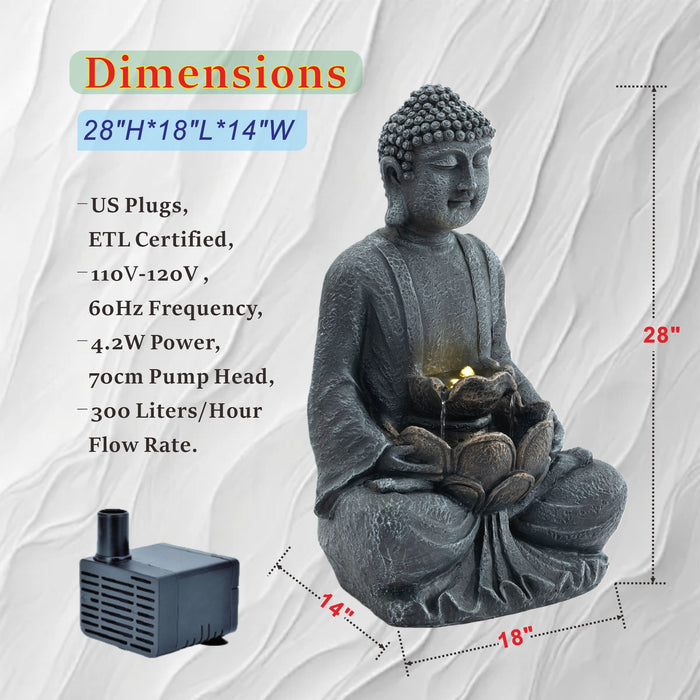Zen - 2 Tier Meditating Buddha Water Fountain With Pump & LED Light - Gray