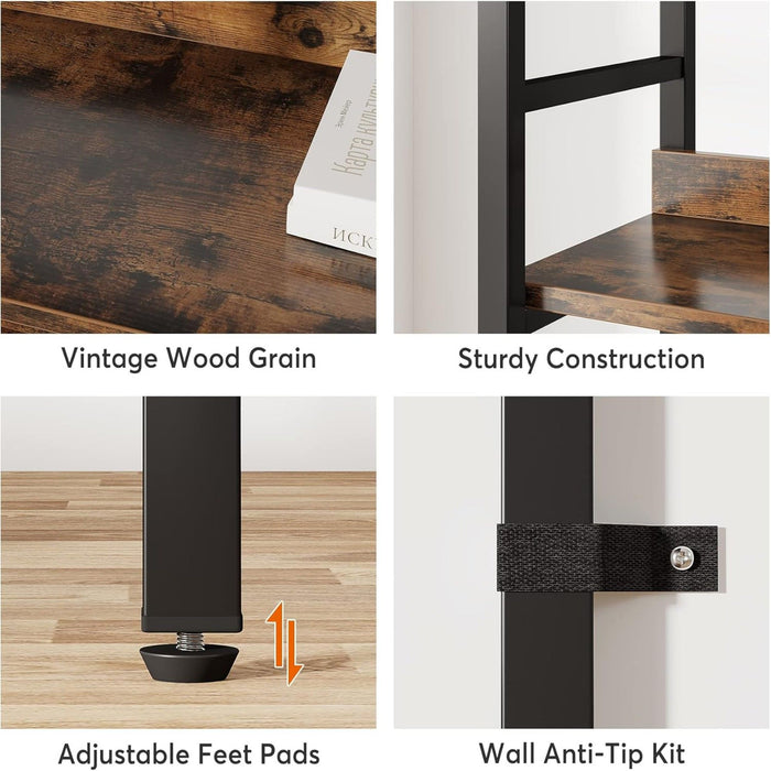 5 Tier Double Wide Bookshelf For Living Room - Rustic Brown