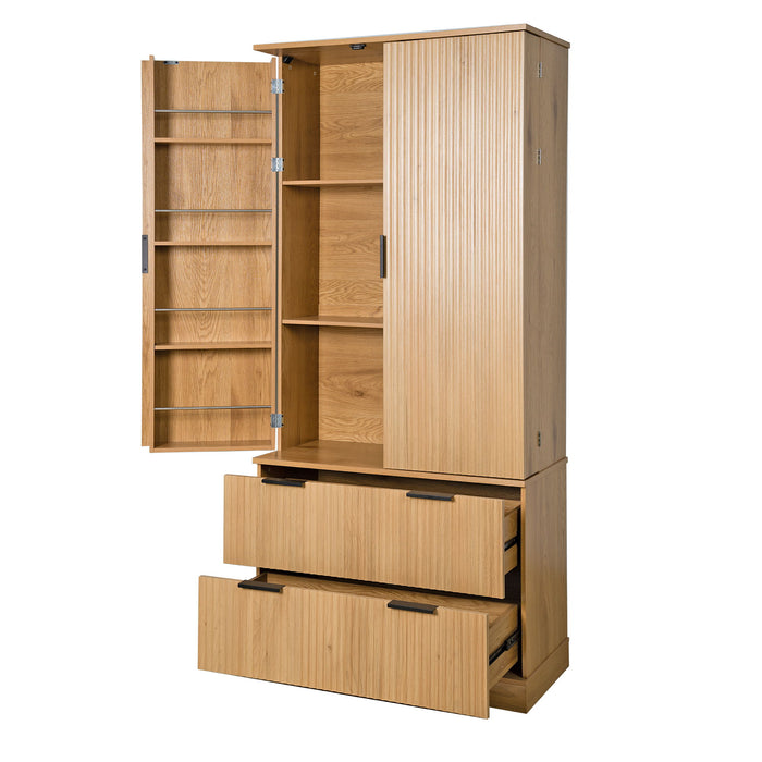 Fluted Kitchen Pantry Cabinet With 2 Large Drawers & 8 Door Spice Rack Freestanding Storage Organizer - Oak