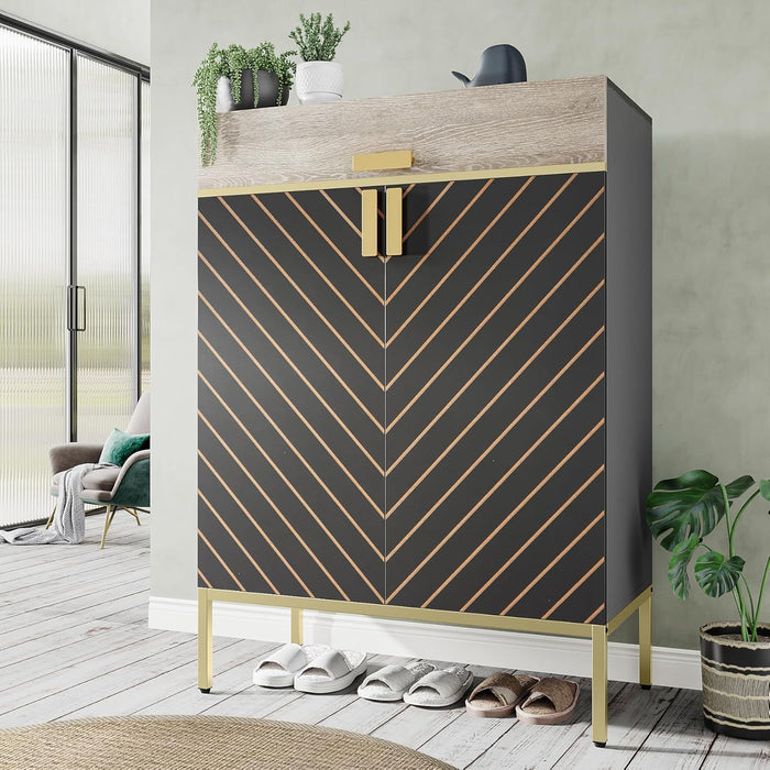 4 Tier Entryway Shoe Cabinet With Doors - Gray / Gold