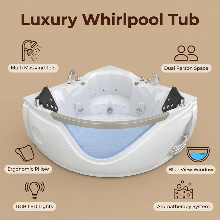 Xavier - Double Corner Massage Bathtub, Equipped With Gfci Plug And Ul Certified Water Pump, Upc Certified Drain - Milk White