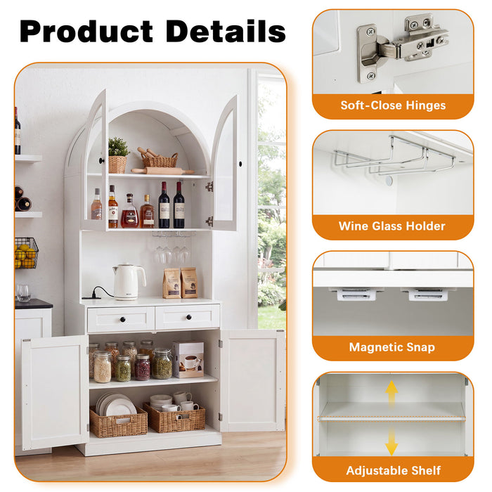 Tall Arched Pantry Cabinet With Charging Station, Adjustable Shelves, Coffee Bar