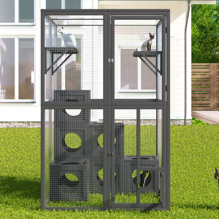 Outdoor Cat House With Shelves And Weather Protection, Removable Wood Boxes - Gray