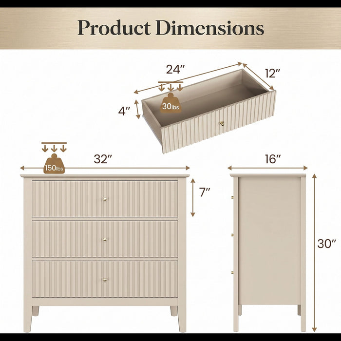 Fluted 3 Drawer Nightstand With Soft Close Slides