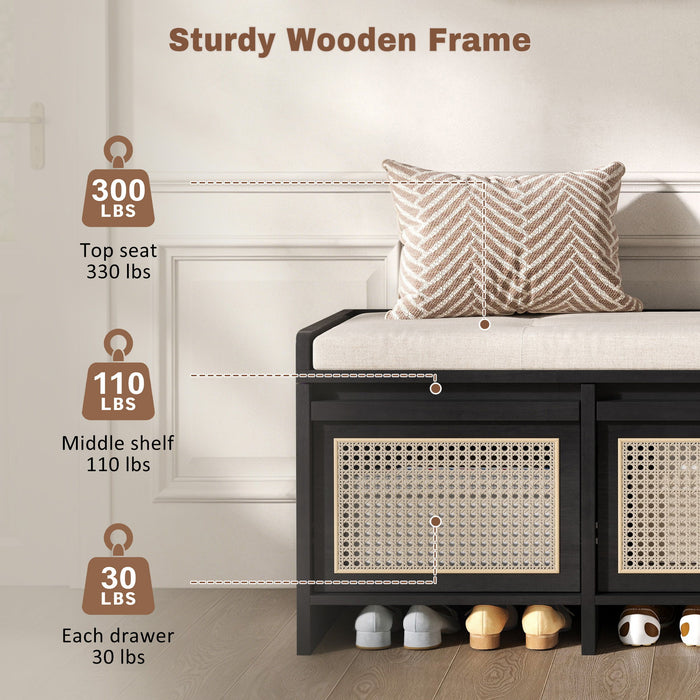 Entryway Shoe Bench With Drawers & Button Tufted Cushion