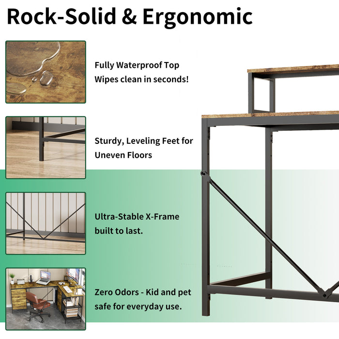 Industrial L Shaped Desk With Power Hub With 6 Drawers And Adjustable Monitor Stands - Brown