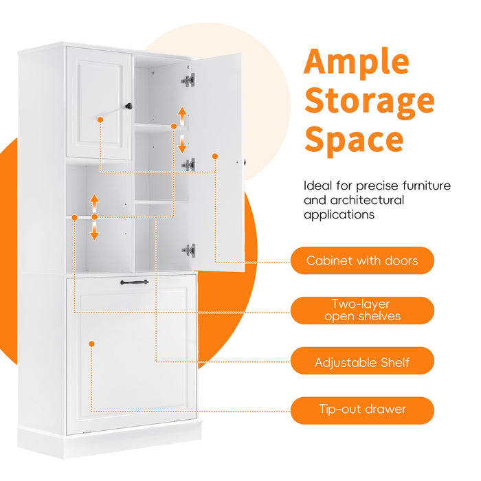 Modern Tall Storage Cabinet With Adjustable Shelves, Flip-Out Basket & Enclosed Doors
