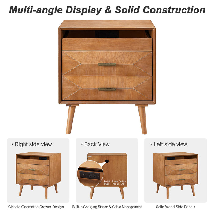 Nightstand With Charging Station, 2 Drawers And Open Shelf, USB / Type C Ports