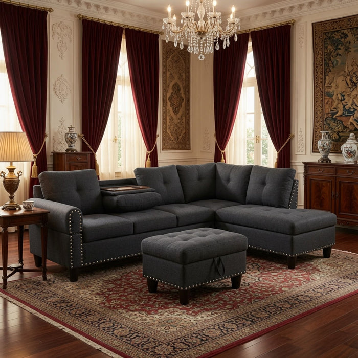 L - Shaped 3 Piece Sectional Sofa With Chaise, Storage Ottoman & Cup Holders