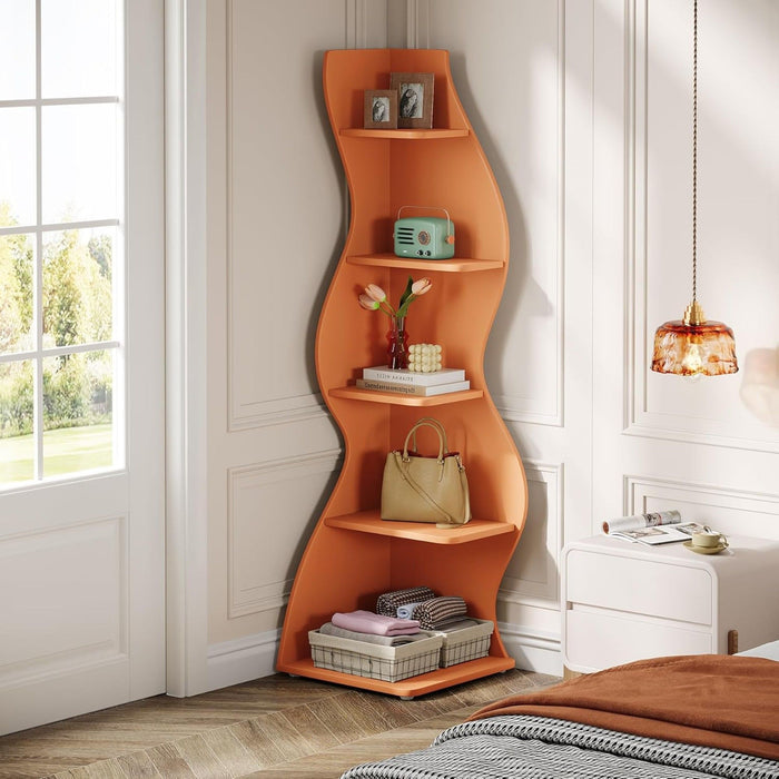 5 Tier Wavy Corner Bookshelf And Plant Stand For Living Room
