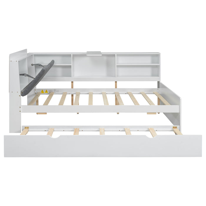 Platform Bed With Trundle, Shelves, And Storage Headboard