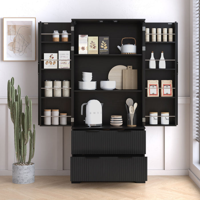 Fluted Kitchen Pantry Cabinet With 2 Large Drawers & 8 Door Spice Rack Freestanding Storage Organizer - Black
