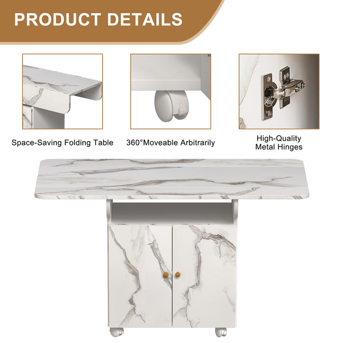 Versatile Marble Folding Dining Table With Storage Rack And Cabinet, 6 Wheels - White