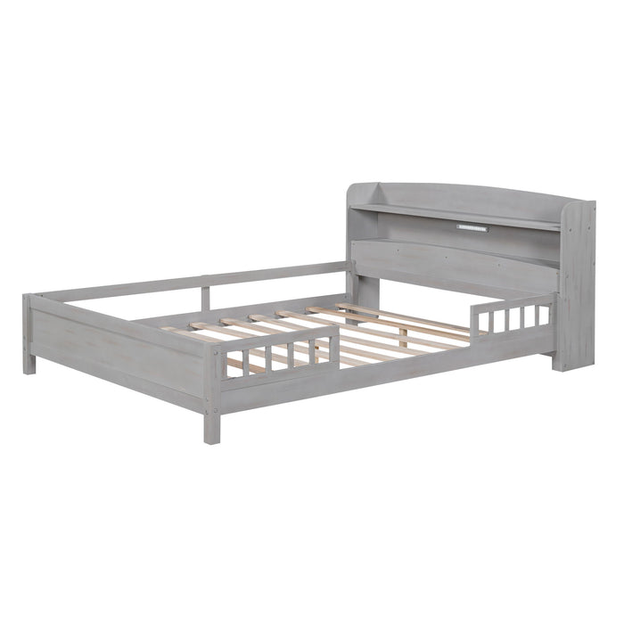 Wood Platform Bed With Built In LED Light, Storage Headboard And Guardrail