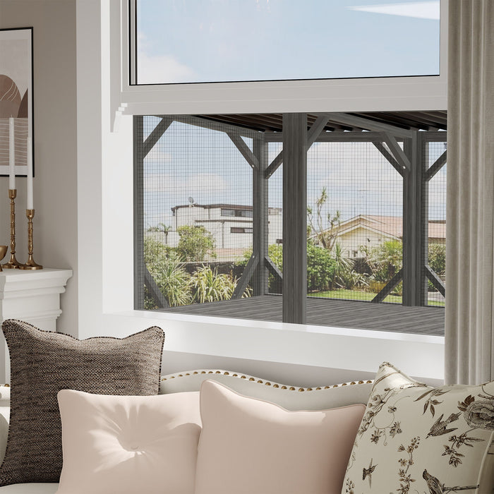 Premium Cat Window Box With Bug Proof Net For Large Indoor Cats Spruce Wood & Polyester - Antique Gray