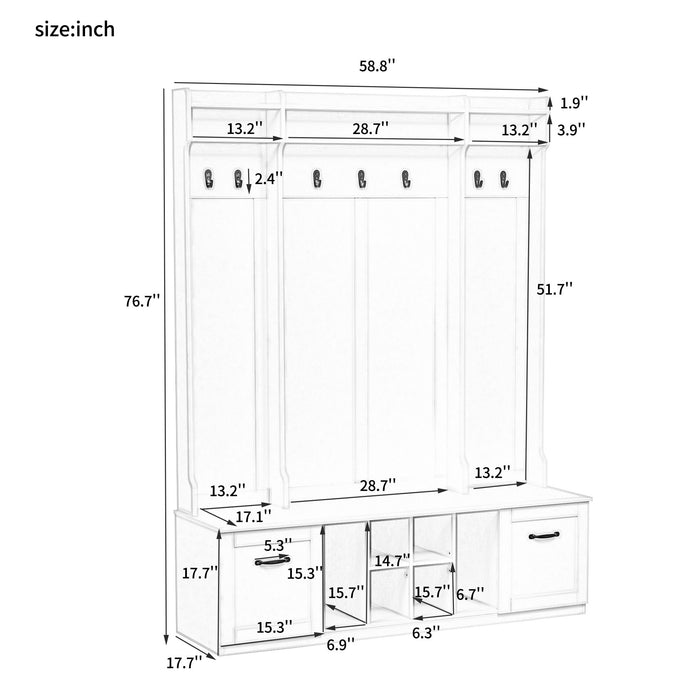 5 In 1 Entryway Bench With Coat Rack, 7 Sturdy Hooks, 2 Spacious Drawers And Adjustable Shelves