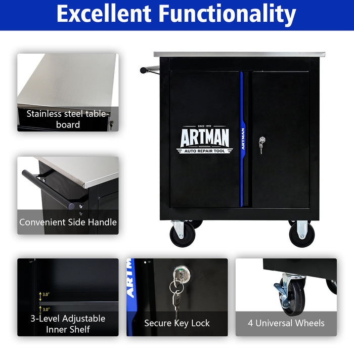 Movable Lockable Double Door Partition With Lock Multi Functional Hardware Storage Tool Car Auto Repair Locker - Black / Blue
