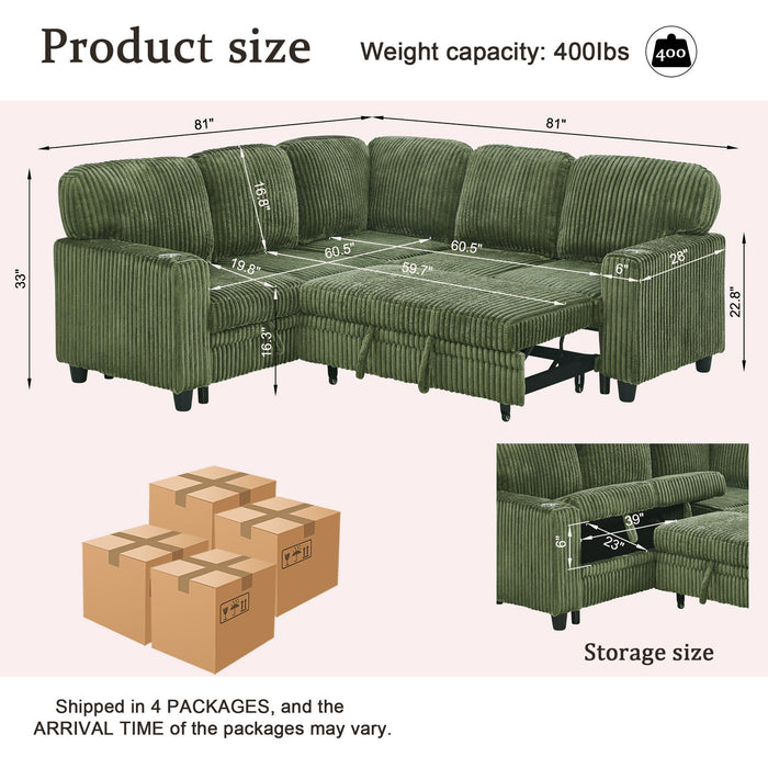 L-Shaped Sofa With Pull Out Sofa Bed With USB