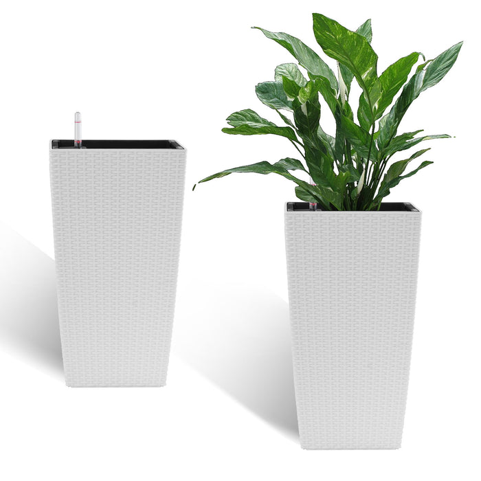 Square Large Planter With Automatic Watering System For Home And Garden (Set of 2) - White