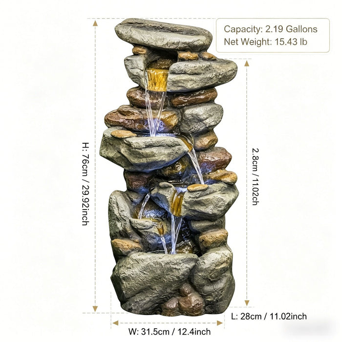 Stacked Rock Waterfall Fountain With LED Lights For Garden - Gray