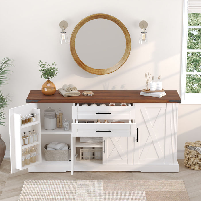 Barn Door Storage Cabinet With 2 Drawers & Door Rack, Adjustable Shelves