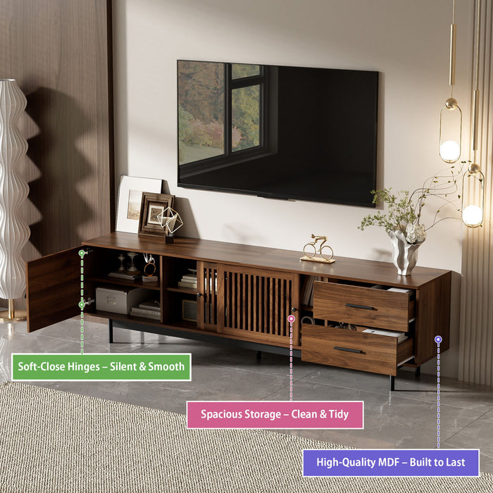 TV Stand, Media Console With 2 Drawers, Soft Closing Hinges, Adjustable Shelves, Slatted Design - Walnut
