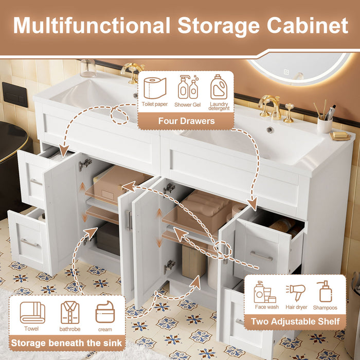 Bathroom Vanity With 4 Cabinet Doors, 4 Drawers, Dual Sinks, Hidden Soft Close Slides And Hinges - White