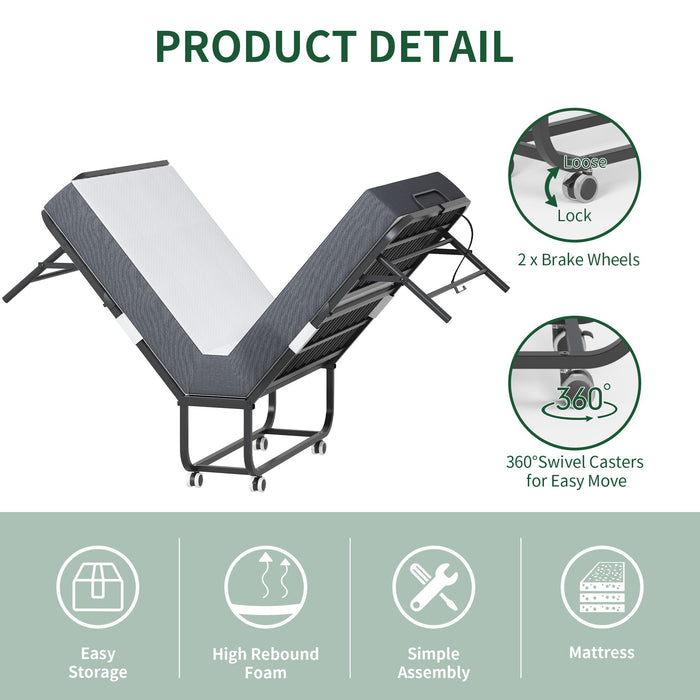 Twin Extra Long Folding Bed With Adjustable Headboard, Cot With Memory Foam Mattress - Black