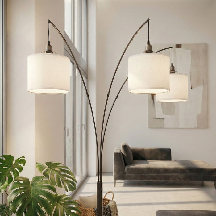 Royal - 3 Arm Arc Floor Lamp, Oil Rubbed Bonze With Linen Shade, 4 Way Rotary Switch - Oil-Rubbed Bronze