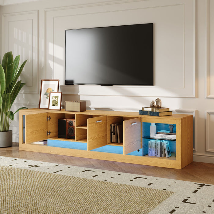 TV Stand With 6 Cabinets & 2 Open Compartments, Entertainment Center For TVs Up To 90'', Television Console - Natural Wood
