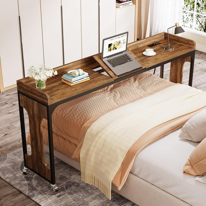 Height Adjustable Overbed Table With Wheels, Queen Size Mobile Laptop Desk, Rolling Computer Cart With Tiltable Stand And Built In Outlets & USB Ports - Rustic Brown