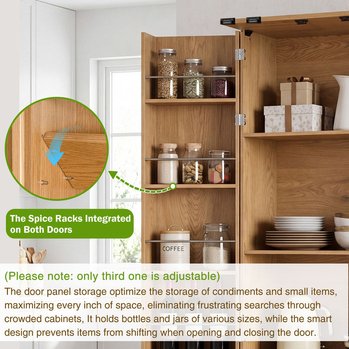 Fluted Kitchen Pantry Cabinet With 2 Large Drawers & 8 Door Spice Rack Freestanding Storage Organizer - Oak