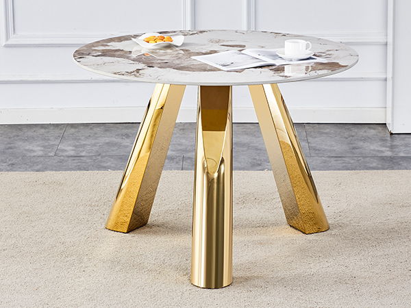 Marble Grained Stone Round Table Three - Legged Round Table With Stainless Steel Plated Legs Natural Healthy And Environmentally Friendly Round Table