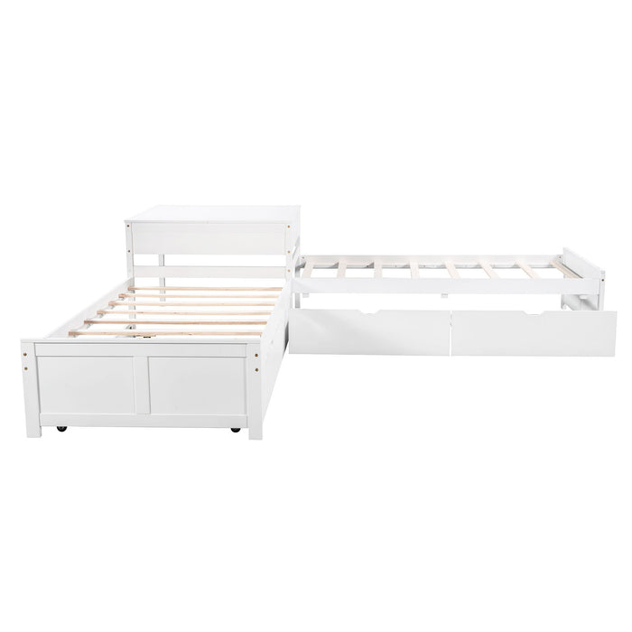 L Shaped Platform Bed With Trundle And Drawers Linked With Built In Desk