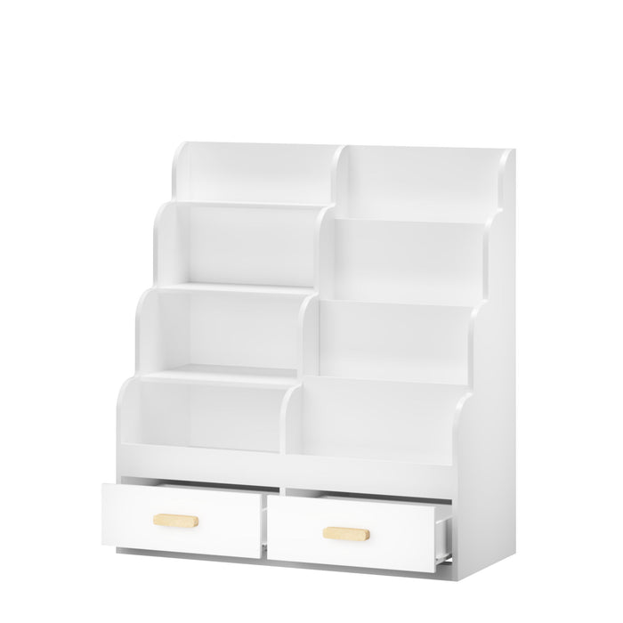 Bookshelf With 2 Storage Drawers, Front Facing Bookcase And Toy Organizer, Multi Tier Reading Shelf - White