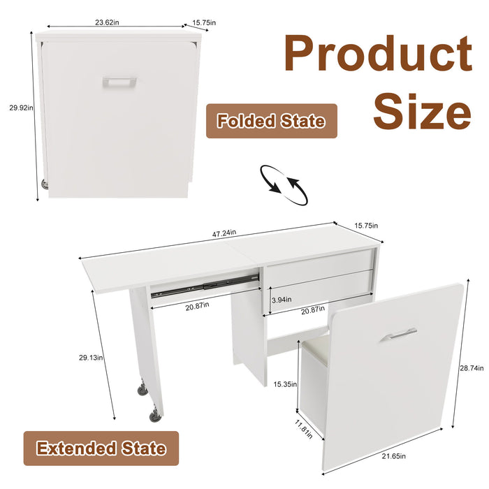 Folding Desk With Mirror And Storage Stool For Bedroom Or Apartment - White