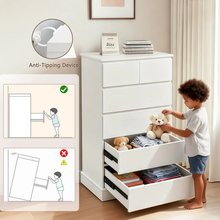 6 Drawer Tall Dresser With Concealed Handles, Vertical Storage Cabinet For Bedroom - White