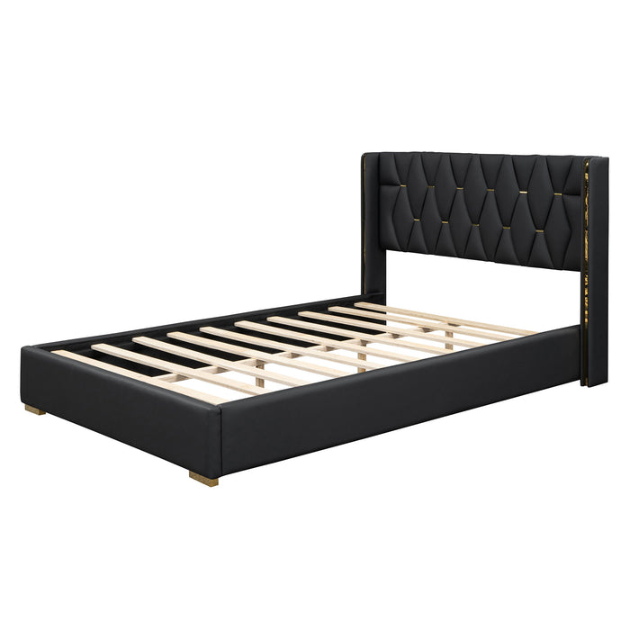 Upholstered Platform Bed With Strips - Black