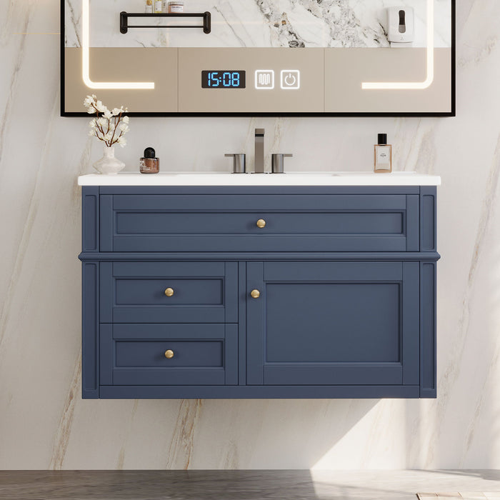 Modern Wall Mounted Floating Cabinet With Double Drawer And Sink