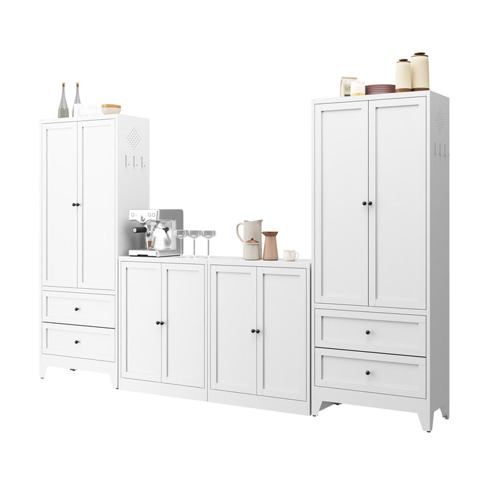 Pantry Cabinet With 2 Drawers, Adjustable Shelves, Freestanding Kitchen Storage Organizer - White