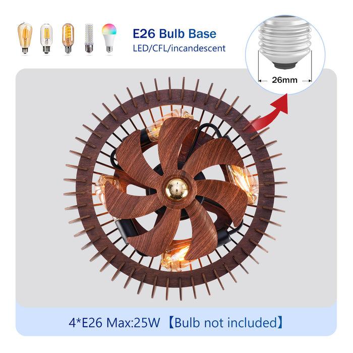 Semicircle Flush Mount Fan Light, (No Included Bulbs) And Remote Control, 6 Speeds, Quiet DC Motor For Living Room - Wood