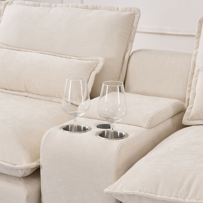 U Shaped Sofa With Console, Cupholders, USB Ports, 6 Seat, Bronzing Suede & Chenille