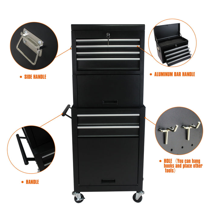 6 Drawer Lockable Tool Cabinet On Wheels, Steel Rolling Tool Chest With Detachable Toolbox
